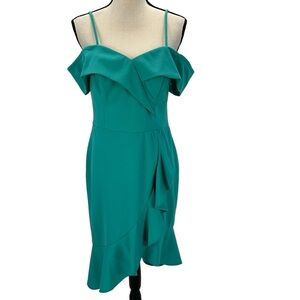 Bebe Spaghetti Strap Cascade Ruffle Flounce Midi Dress - Green Blue Teal size 8